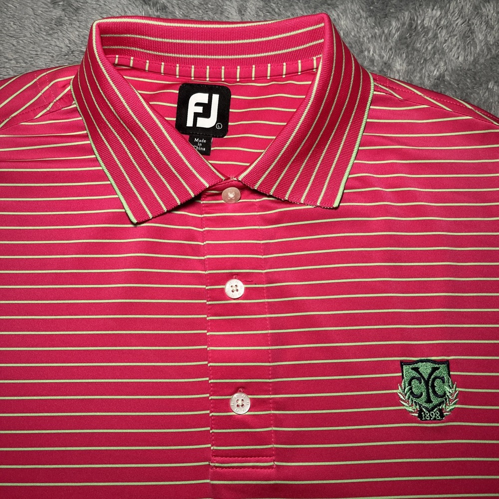 Footjoy Men's Polo Pink & Green Shirt Short Sleeve SZ L CYC Embroidered Logo